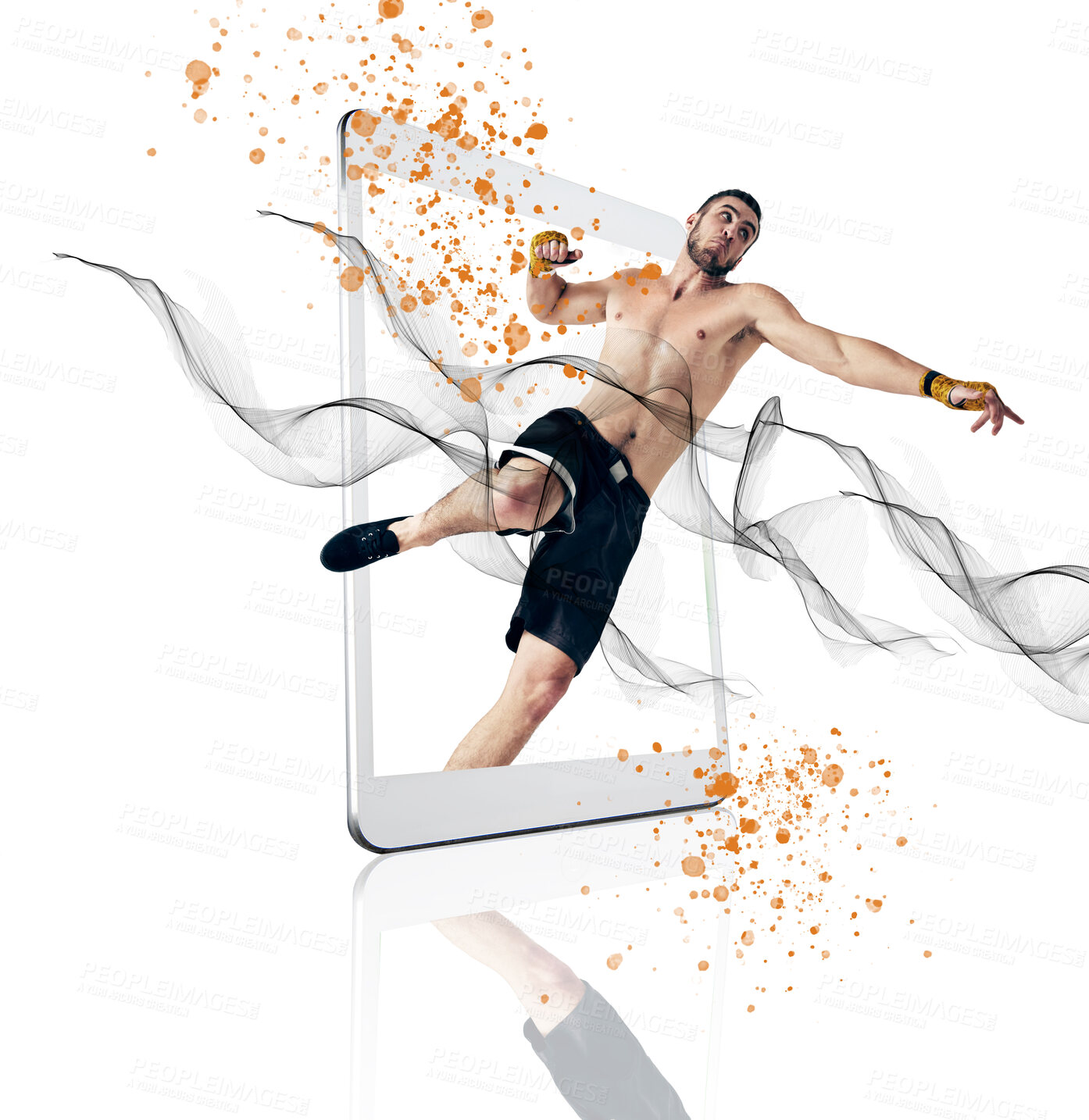 Buy stock photo Fight, fitness and man on a tablet app for boxing isolated on a white background in a studio. Sports, website and a male boxer training for a competition with color splash on a mobile for cardio