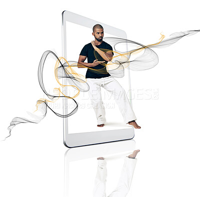 Buy stock photo Karate, tablet and training website, online app or class on technology, smartphone or cell and martial arts, man or social media. Screen, esport or internet service or mobile, student or learning