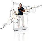 Portrait, mobile app and man with move, karate and fitness isolated against a white studio background. Face, male person and athlete with smartphone, screen and movements for health and wellness