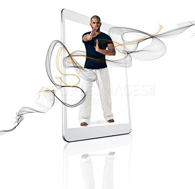 Buy stock photo Portrait, mobile app and man with move, karate and fitness isolated against a white studio background. Face, male person and athlete with smartphone, screen and movements for health and wellness