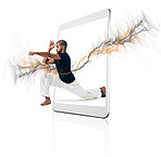 Karate, technology and man with fitness, routine and model isolated against a white studio background. Male person, athlete and guy with smartphone, mobile app and training for wellness and health