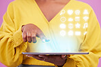 Holographic icons, tablet and woman hand isolated on studio background for 3d app, internet and futuristic technology. Finger, screen and person in digital hologram, overlay or software communication