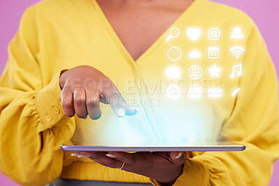 Buy stock photo Holographic icons, tablet and woman hand isolated on studio background for 3d app, internet and futuristic technology. Finger, screen and person in digital hologram, overlay or software communication