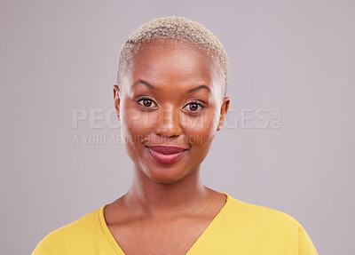 Buy stock photo Face portrait, young and and a black woman with makeup isolated on a white background in a studio. Happy, cosmetic and an African girl with facial cosmetics, wellness and confidence on a backdrop