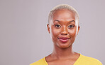 Portrait, skincare and black woman with makeup, dermatology and confident girl against a grey studio background. Face, female person or happy model with facial cosmetics, luxury and shine with mockup