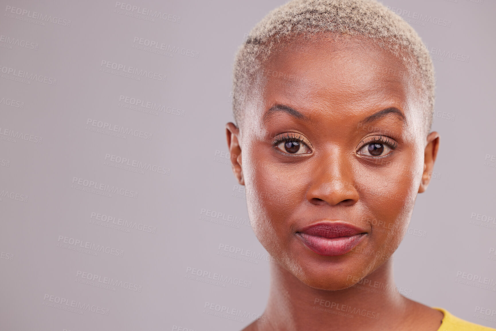 Buy stock photo Raised eyebrows, portrait and woman in studio with a confused, suspicious or surprise face. Young, beautiful and African female model with shock facial expression by gray background with mockup space