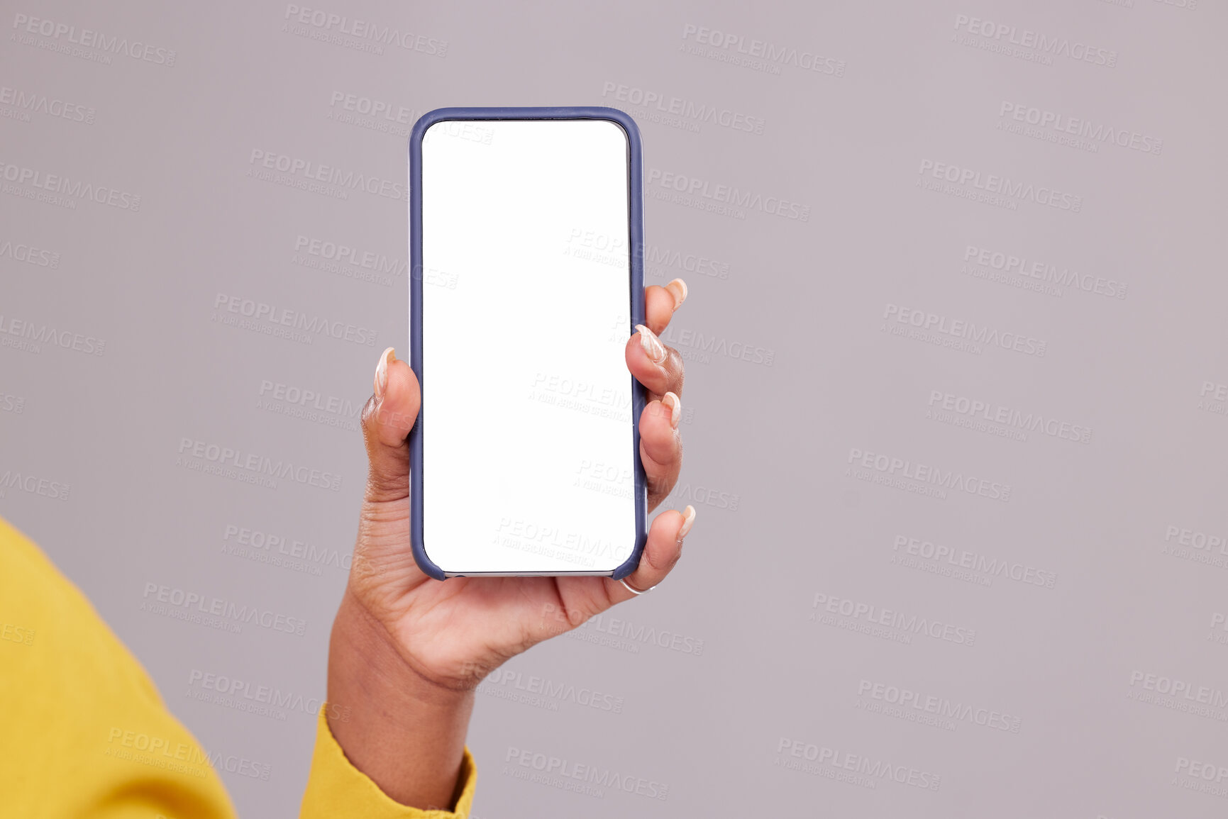 Buy stock photo Phone screen, mockup and hand of woman isolated on studio background for mobile app or advertising space. Closeup of person or online user cellphone with mock up for website, contact or ux design