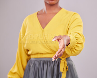 Buy stock photo Handshake, woman and welcome with partnership, introduction with hello or thank you on studio background. Female person shaking hands, recruitment and hiring with networking, deal and collaboration