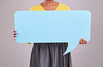 Speech bubble, woman and mockup with social media and announcement with news isolated on studio background. Voice, feedback and female model with communication, poster with sign and branding promo