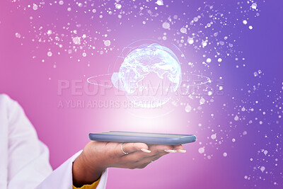 Buy stock photo Woman, hand and phone with world hologram isolated on gradient background for worldwide network or global technology. Person in cellphone globe holographic, digital overlay and social media in studio