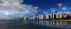 Connection, internet and city landscape at night for networking. web and cyber network. Tech, lighting and design for connectivity, connections and digital symbol in the sky of a town at the beach