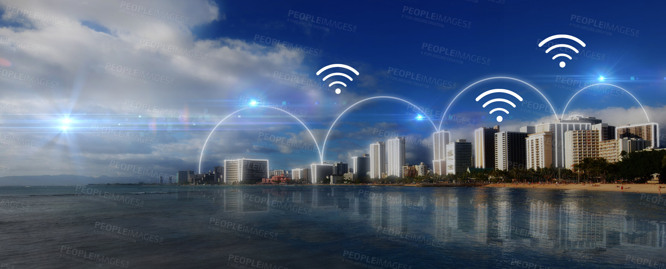 Buy stock photo Connection, internet and city landscape at night for networking. web and cyber network. Tech, lighting and design for connectivity, connections and digital symbol in the sky of a town at the beach