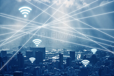 Buy stock photo City, connection and network with signal, symbol and communication with information technology, future and website. Town, buildings and connect with data, digital and futuristic with innovation 