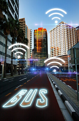 Buy stock photo Smart city, wireless network connection and hologram media in street, bus road and overlay of digital icon. Town, internet technology and future innovation of graphic data, buildings and iot system