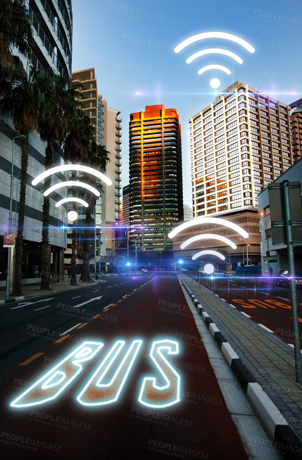 Buy stock photo Smart city, wireless network connection and hologram media in street, bus road and overlay of digital icon. Town, internet technology and future innovation of graphic data, buildings and iot system