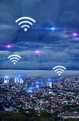 Buy stock photo Connection, night and overlay landscape of the city with internet web access and network. Digital, dark sky and s town with cyber accessibility, connectivity and icon in the evening for networking