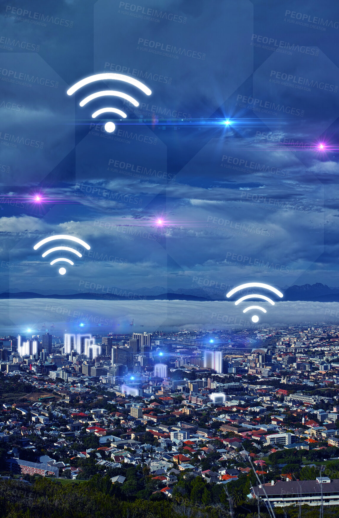 Buy stock photo Connection, night and overlay landscape of the city with internet web access and network. Digital, dark sky and s town with cyber accessibility, connectivity and icon in the evening for networking