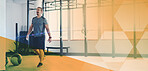 Fitness man, gym and overlay for exercise, workout and training with power. Sports person happy about mockup space for power, energy and strong muscle motivation or goals at health and wellness club