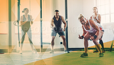 Buy stock photo Gym, fitness and group celebrate exercise, workout and training goals or success. Sports men and women happy about for power challenge, win and achievement or motivation for wellness club overlay