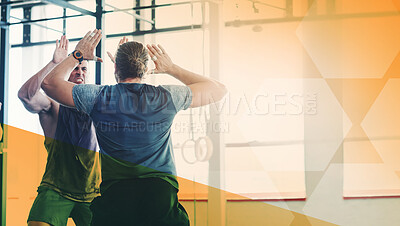 Buy stock photo Fitness, gym and men high five to celebrate exercise, workout and training goals or win. Sports people happy about mockup overlay space for power challenge, success or achievement at wellness club