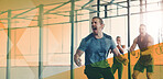 Man, fitness and celebrate exercise or gym workout and training goals or win. Sports group happy about mockup overlay space for power challenge, success or achievement at health and wellness club