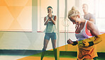 Fitness woman, gym and celebrate exercise, workout and training goals or win. Sports person happy about mockup overlay space for power challenge, energy or achievement at health and wellness club