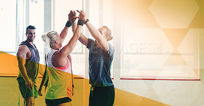 Buy stock photo High five, fitness and team celebrate success at gym for exercise, workout and training goals. Sports men and women with mockup overlay space for power challenge, win or achievement at wellness club