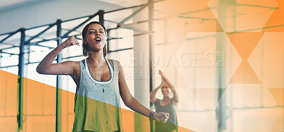 Buy stock photo Fitness, gym and a woman celebrate exercise, workout and training goals or success. Sports person happy about banner overlay space for power challenge, win or achievement at health and wellness club