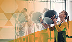 Medicine ball, group of people and fitness exercise at gym for strong muscle and commitment. Athlete women and a man together for training workout or exercise goals with overlay at diversity club