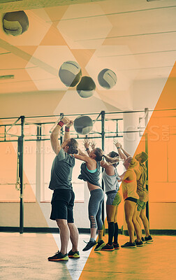 Buy stock photo Fitness group, gym and people throw medicine ball for exercise, workout and training in class. Athlete men and women together for challenge, commitment and strong muscle at health club with overlay
