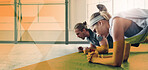 Fitness, people and plank exercise at gym together for training workout. Athlete man and woman team on ground for power challenge, commitment or strong muscle at wellness club with mockup and overlay