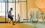 Overlay, fitness and man with group for training, gym workout and sports motivation. Happy, exercise and male coach excited with people at a club for sport, cardio and lifestyle class together