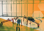 Fitness people, gym and group push up training, workout or exercise in class. Athlete men and women together in circle for power challenge, commitment or strong muscle at health club with a overlay

