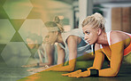 Overlay, plank and people exercise in gym for health, wellness and core strength. Workout, planking and group, women and friends exercising, abs training and teamwork practice together at sports club