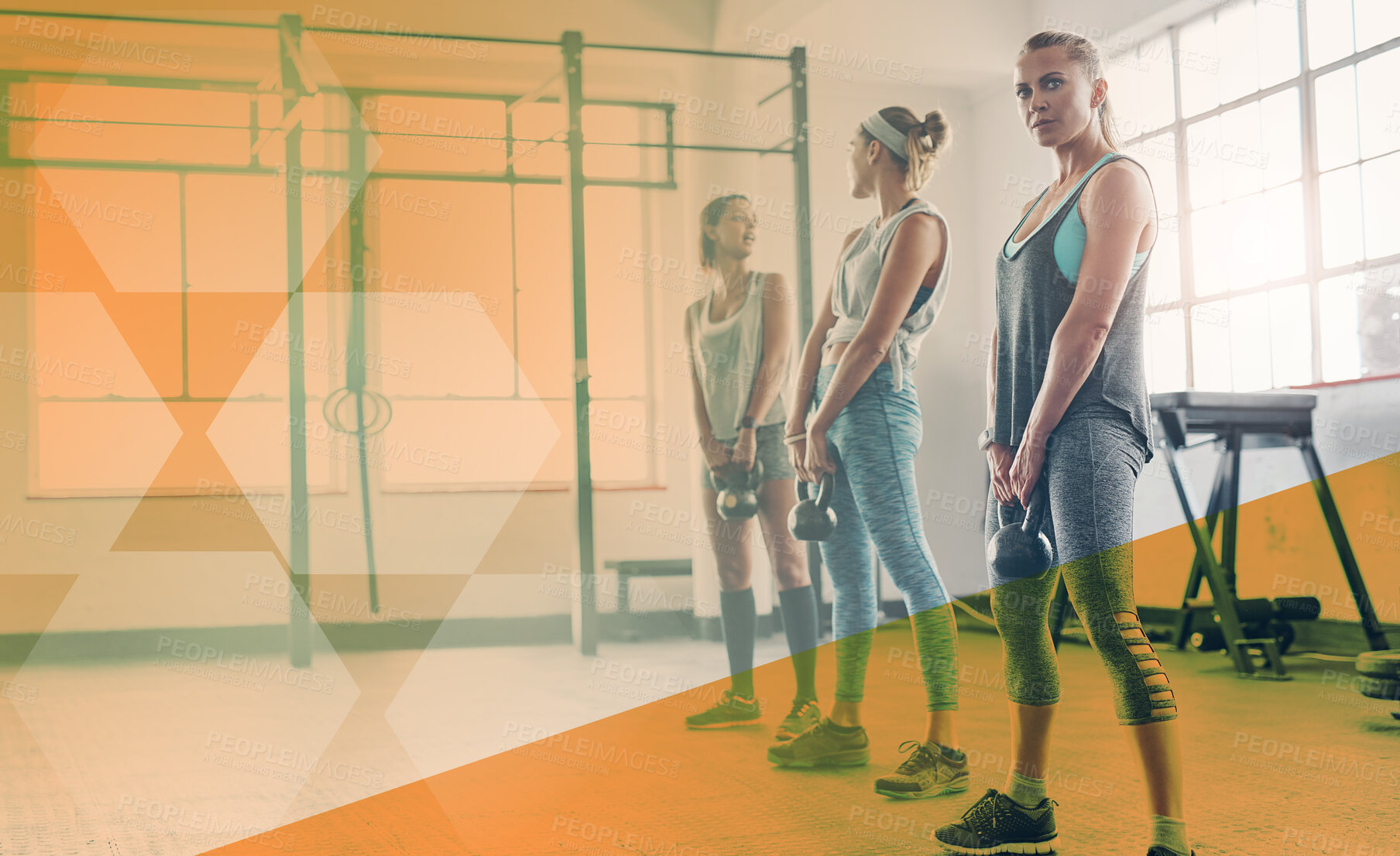 Buy stock photo Fitness, portrait and woman with a kettlebell at gym for exercise, workout and training. Athlete women group together for strong muscle, weight or power challenge at wellness club with mockup overlay