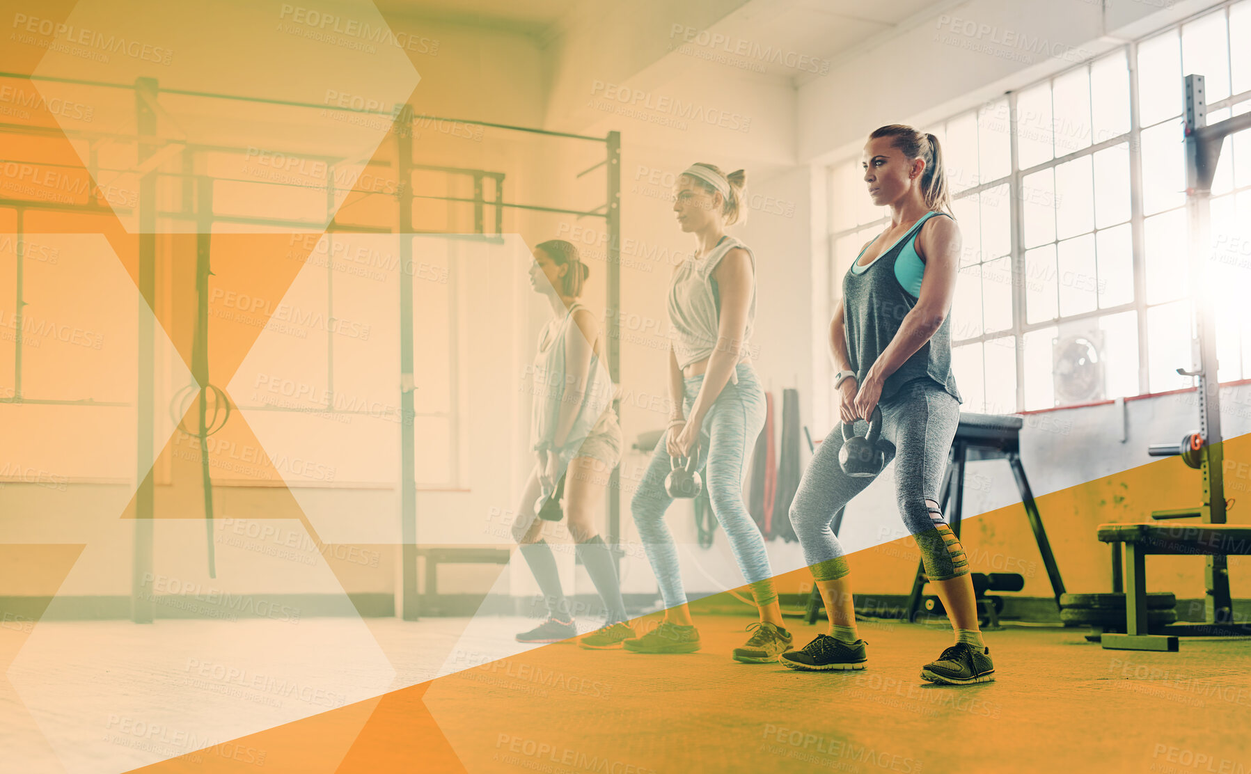 Buy stock photo Fitness, women or group with a kettlebell at gym for exercise, workout and training. Athlete people or team together for strong muscle, weight or power challenge at wellness club with mockup overlay
