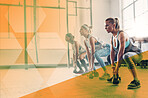 Women, fitness and gym for kettlebell exercise, workout or training. Athlete group or team together to lunge for strong muscle, legs or power challenge at wellness club or class with a mockup overlay