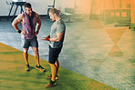 Men, friends and talking about fitness at gym with tips for health and wellness. Athlete people or team together at club for training workout, strong muscle or exercise motivation with mockup overlay