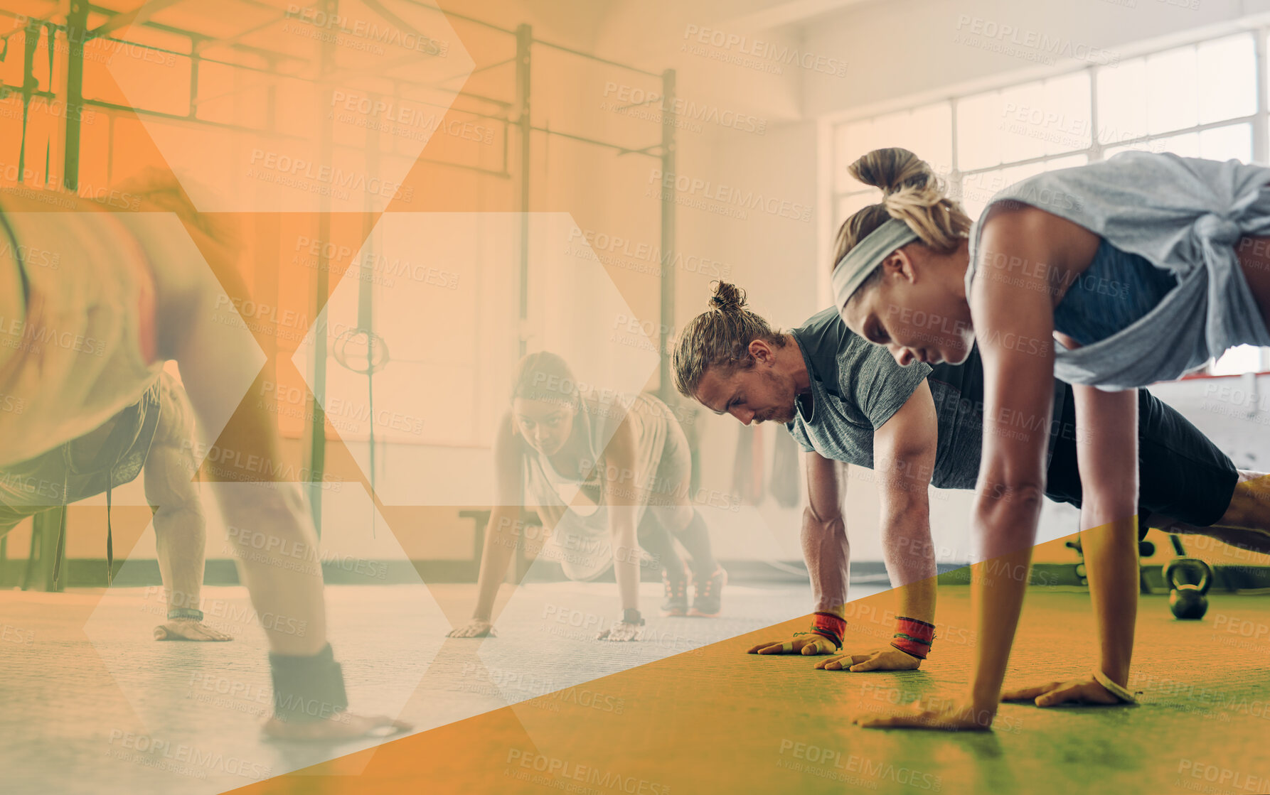 Buy stock photo Fitness group, push up and people exercise, workout and training together at gym. Athlete man and woman on floor for power challenge, strong muscle or health and wellness at club with mockup overlay