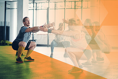 Buy stock photo Fitness group, personal trainer and squat exercise, workout and training in gym class. Athlete man and women team together for power challenge, commitment or strong muscle at club with mockup overlay