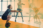 Fitness, personal trainer and squad exercise with people at gym for workout and training goals. Athlete men and women group together for power challenge, commitment and motivation with overlay mockup