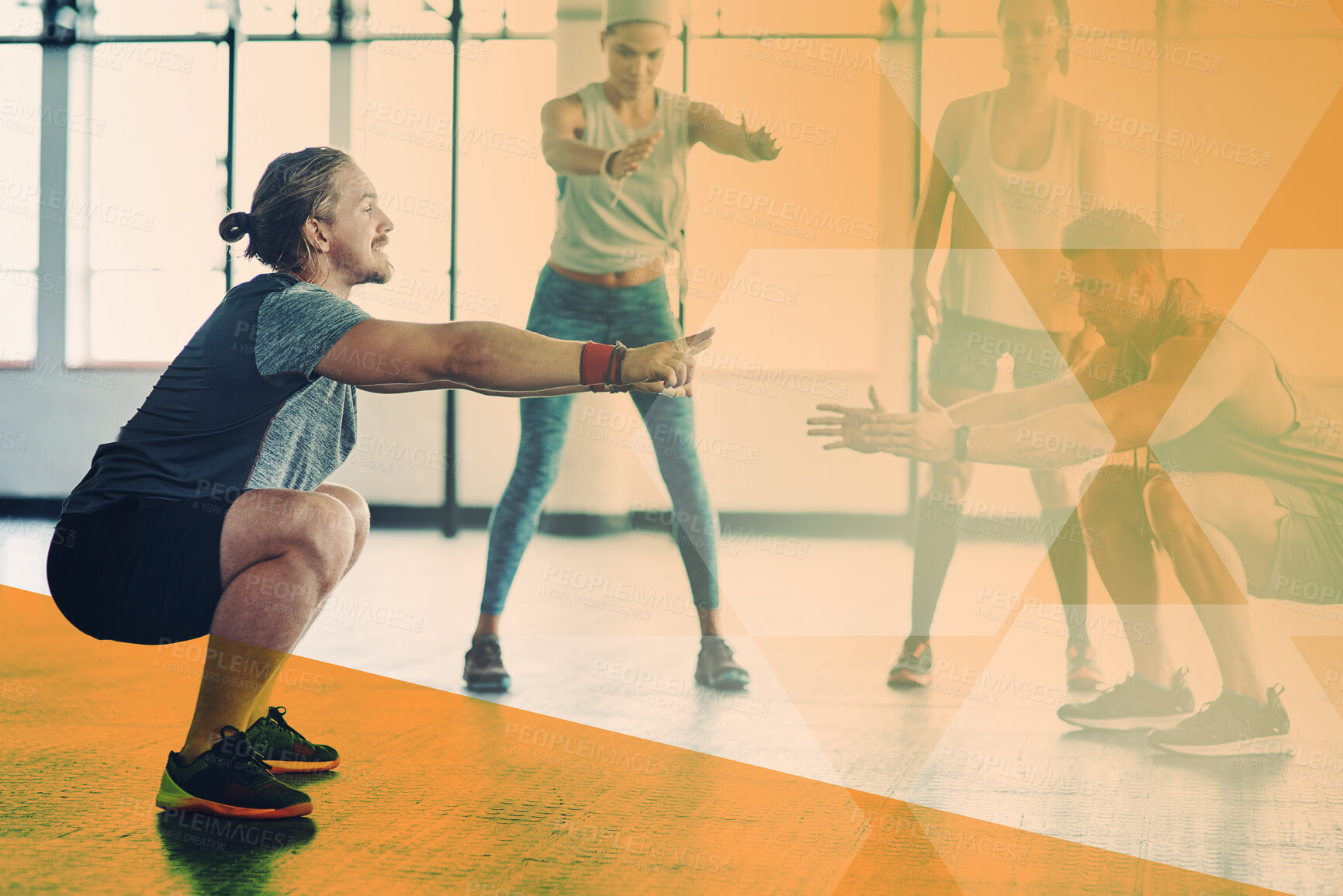 Buy stock photo Fitness, personal trainer and squat exercise with people at gym for workout and training goals. Athlete men and women group together for power challenge, commitment or strong legs with overlay