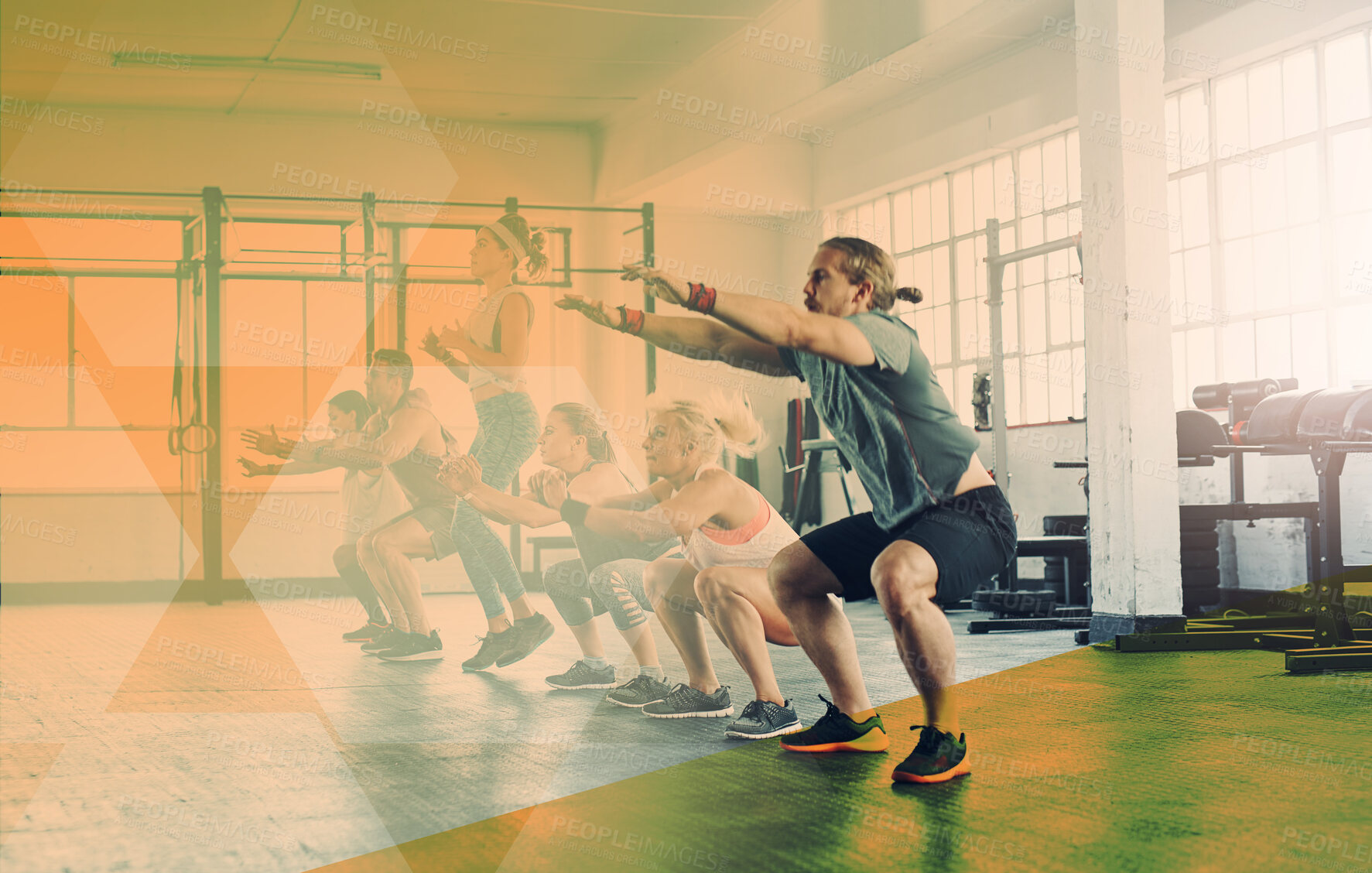 Buy stock photo Fitness, group and people squat at gym for exercise, workout and training. Athlete men and women together for strong muscle, commitment or power challenge at health club or class with mockup overlay
