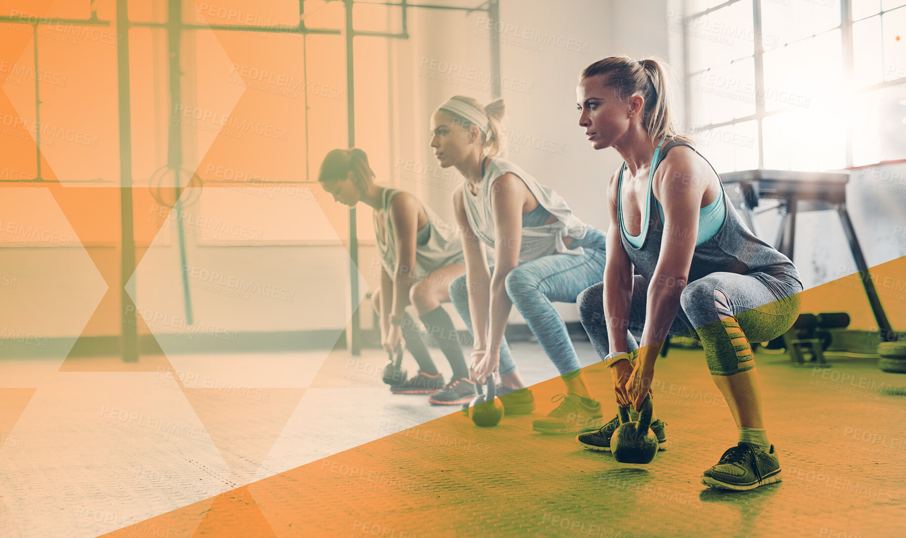 Buy stock photo Fitness, group of women and kettlebell exercise at gym for workout and training goals. Athlete people or friends together to squat for power challenge, commitment or strong muscle with mockup overlay