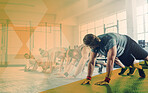 Fitness, push up and group of people exercise, workout and training in gym class. Athlete men and women together for power challenge, commitment and strong muscle at a club with a mockup overlay
