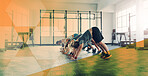 Push up, fitness and group of people at gym for exercise, workout and training in class. Athlete men and women together for power challenge, commitment and balance at a club with a mockup overlay
