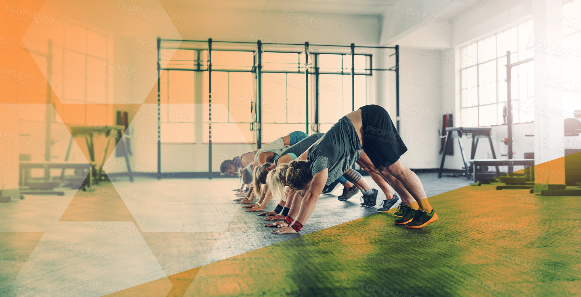 Buy stock photo Push up, fitness and group of people at gym for exercise, workout and training in class. Athlete men and women together for power challenge, commitment and balance at a club with a mockup overlay
