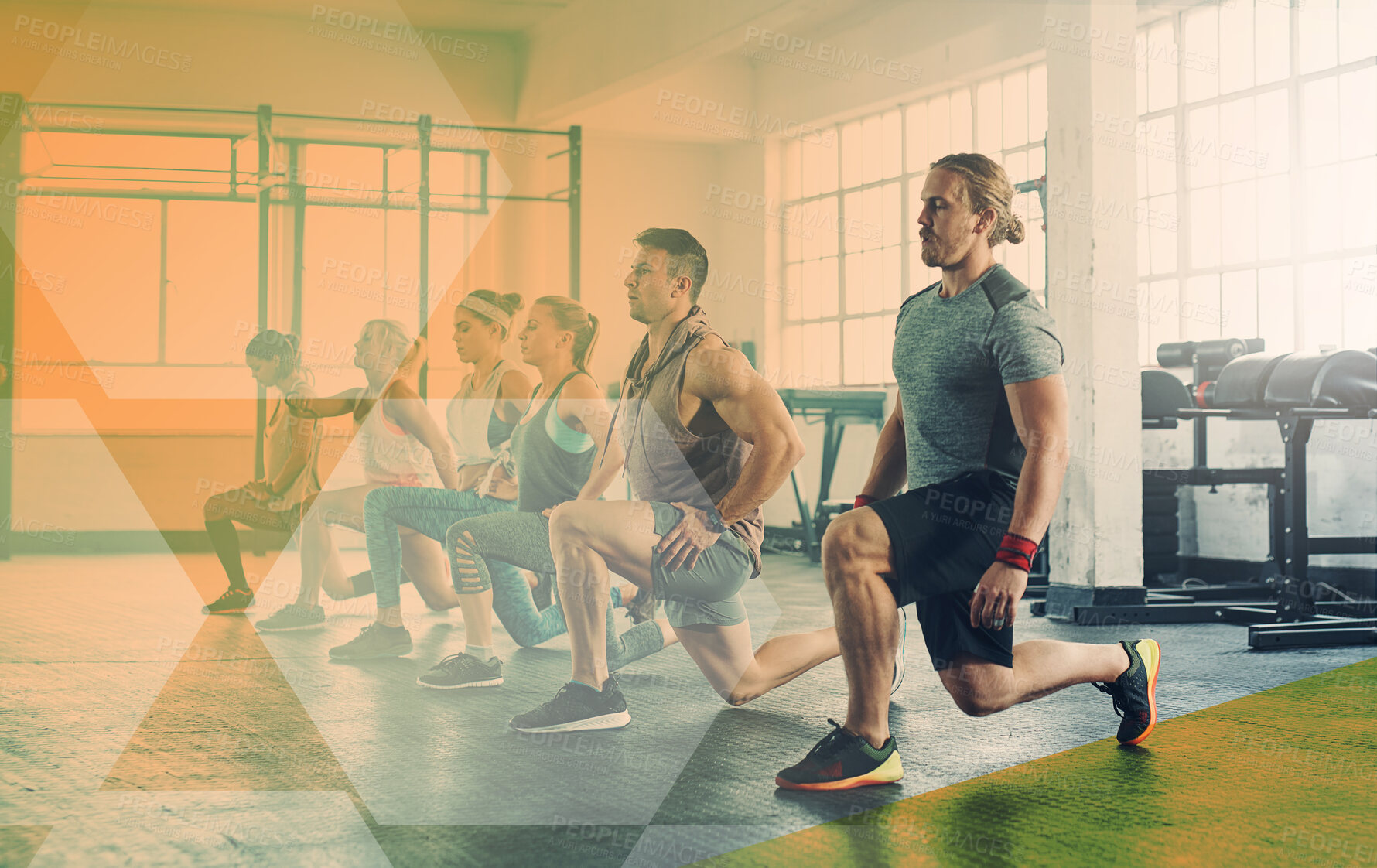 Buy stock photo Fitness, group and gym for lunge exercise, workout and training. Athlete men and women or team together to focus on strong muscle, legs or power challenge at a wellness club or class with a overlay
