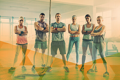 Buy stock photo Group fitness, portrait and people at gym for exercise, workout and training goals. Serious men and women team with arms crossed together for rope challenge, power or commitment at club with overlay