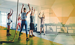 Fitness, hands up and group of people exercise, workout and training in gym class. Athlete men and women together for power challenge, commitment and strong muscle at a club with a mockup overlay
